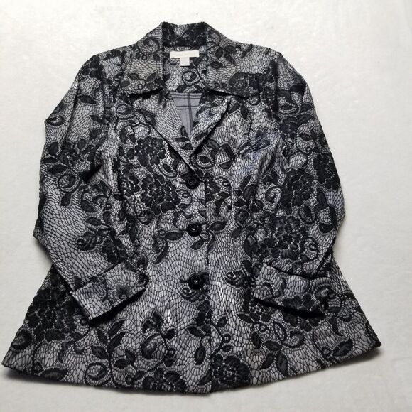 Laura Ashley L Blazer Silver With Black Lace Overlay Jacket Whimsigoth Career - Picture 1 of 10